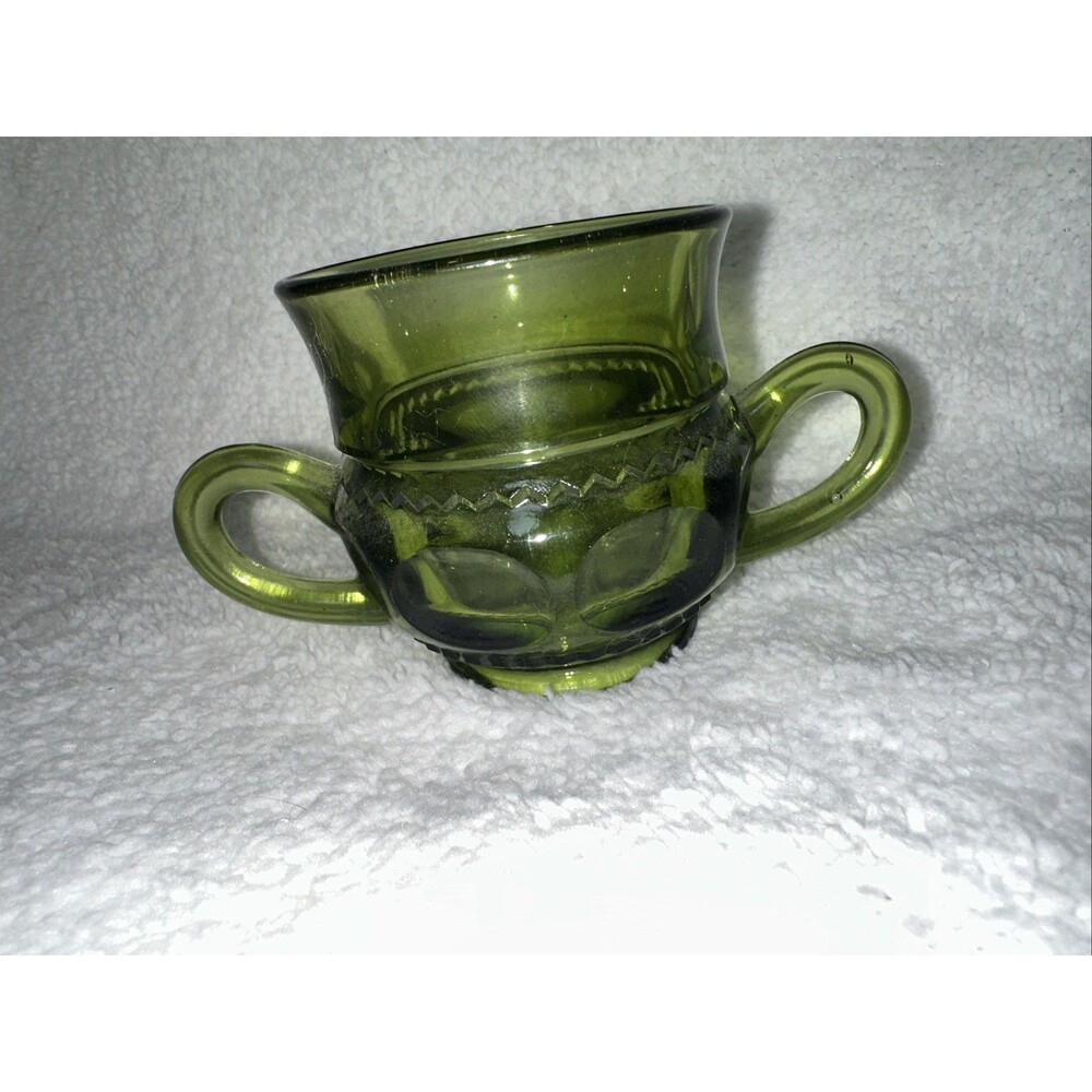 Vintage Sugar Bowl Indiana Glass Kings Crown Thumbprint 2 Handles Avocado Green